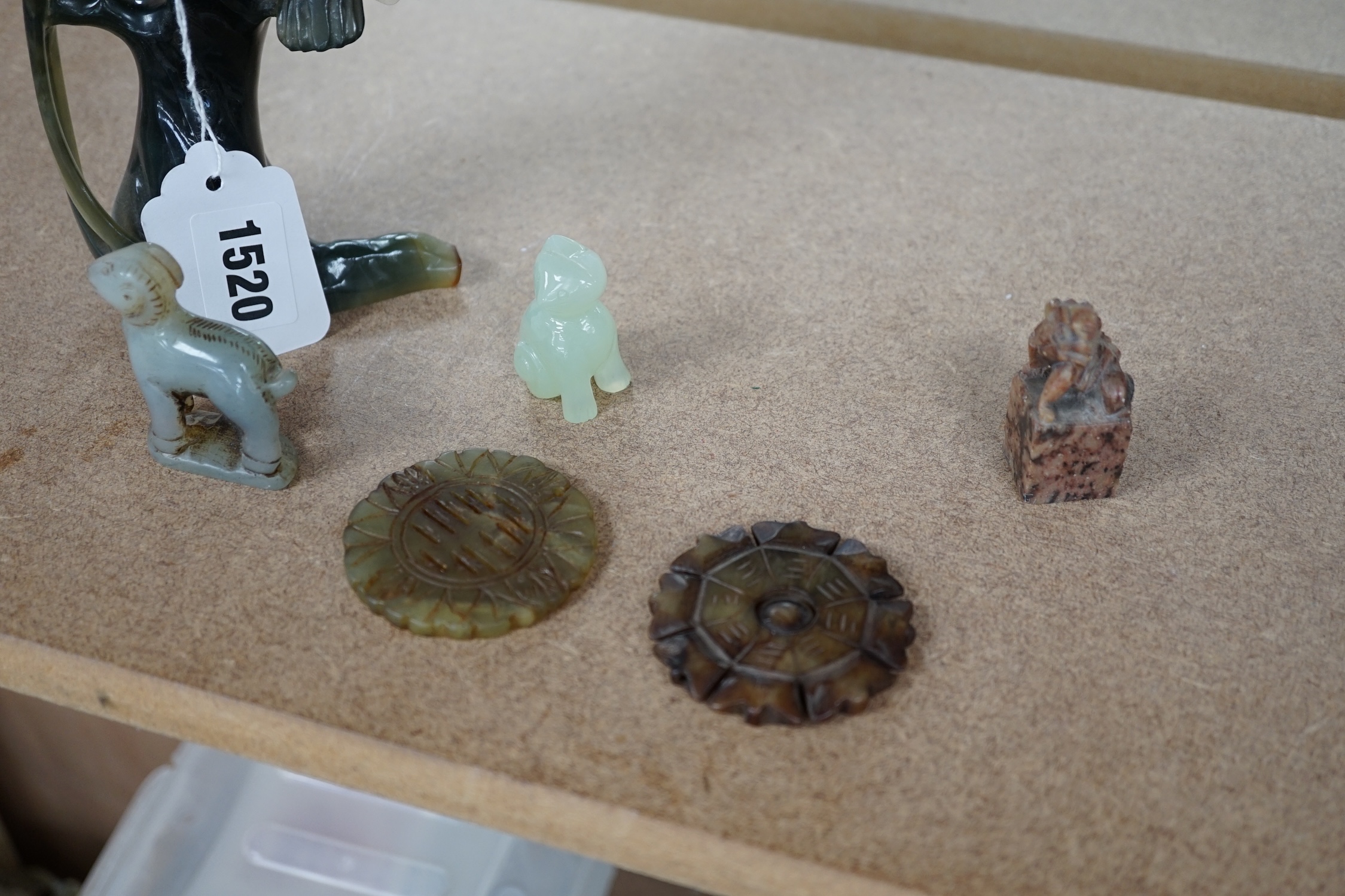 A collection of Chinese soapstone carvings, bowenite jade etc. largest 23cm wide. Condition - varies, mostly fair
